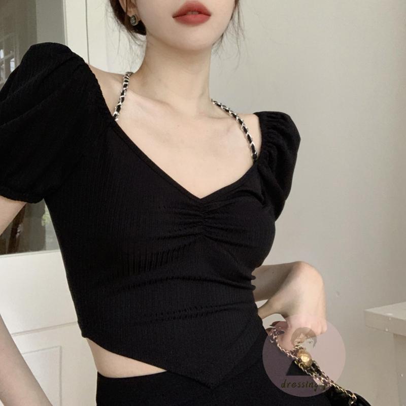 DRE-Women´s Halter T-Shirts, Short Sleeve Solid Color Back Hollow Out Slim Fit T-Shirts