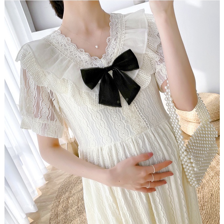 Váy đầm bầu cổ bèo nơ ren thiết kế công sở, dự tiệc cho mẹ bầu phong cách hàn quốc sang trọng, thanh lịch mới mùa hè