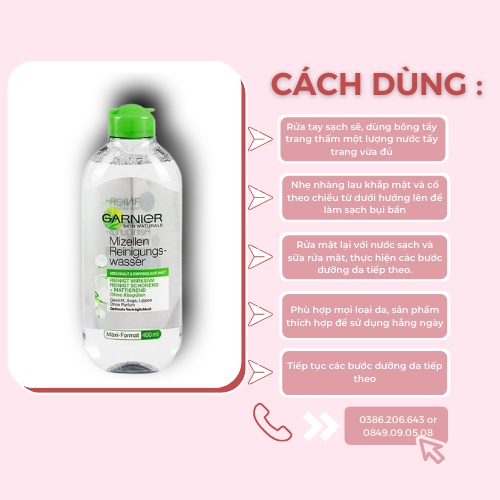 Nước Tẩy Trang Garnier Micellar Hồng/ Vàng/ Xanh Skinactive Cleansing Water 400ml TT2618