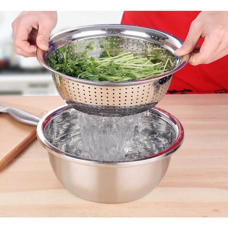 [KHO SỈ] Bộ Thau Rổ Inox Nhà Bếp 5 Món Bằng Inox Đủ Size Từ 18 - 26Cm Tiện Dụng, Dày Dặn