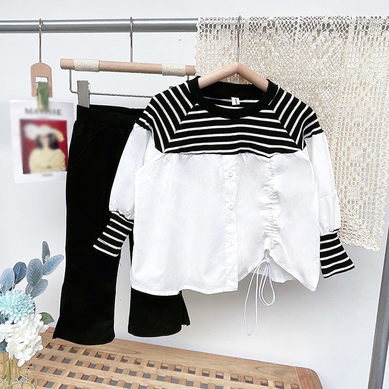 Bộ bán lẻ áo kẻ sọc và quần ống loe thời trang cho bé gái 3-8 tuổi