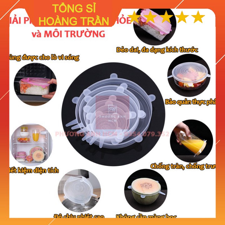 (Tổng Sỉ) BỘ 6 NẮP ĐẬY THỰC PHẨM SILICONE - Màng Bọc Thực Phẩm Silicon Che Thức Ăn, Hoa Quả