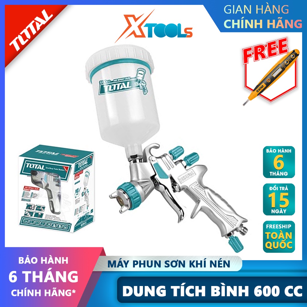 MÁY PHUN SƠN DÙNG KHÍ NÉN TOTAL TAT10605, súng phun sơn dùng khí nén 1.3mm, dung tích bình 600cc, áp suất 2bar