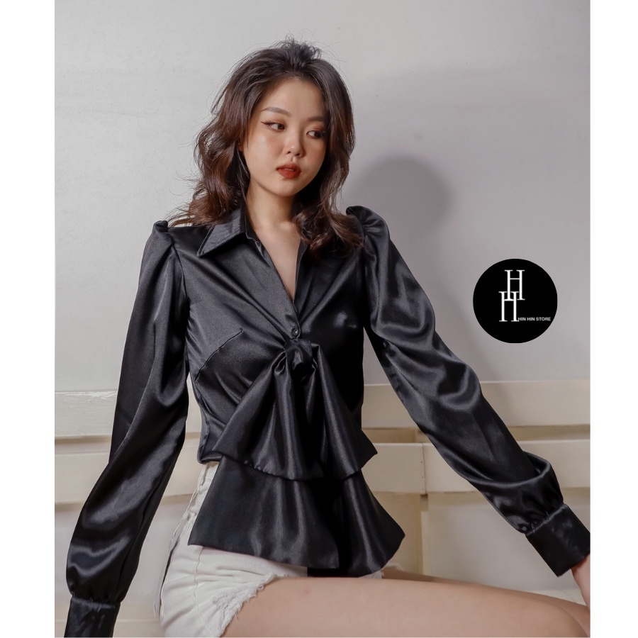 Áo sơ mi nơ ngực tháo rời tay dài màu trắng &amp; đen HAF46 Hỉn Hỉn Store
