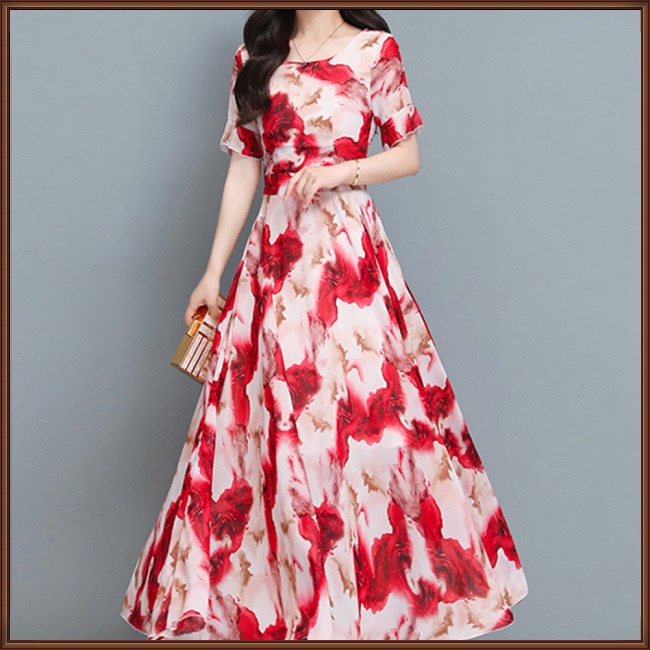 Đầm Midi Chữ A Tay Ngắn Cổ Tròn In Họa Tiết Hoa Thời Trang Mùa Hè Cho Nữ