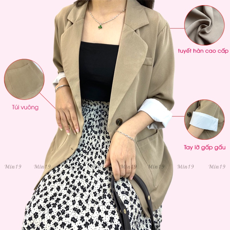 Áo Vest Nữ Blazer MIN19 Áo Khoác Blazer Nữ Công Sở Hàn Quốc 1 Lớp Form Rộng Tay Lỡ Cá Tính Màu Xanh Đen Nâu Be Thời Tran