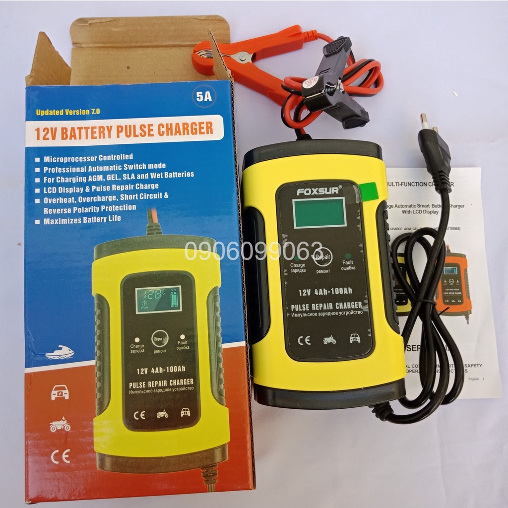 FOXSUR5A - Máy Sạc Ắc Quy  12V 5A Kèm Phục Hồi Bình,  Bộ Sạc Bình Acquy Tự Ngắt Khi Đầy, Khử Sunfat