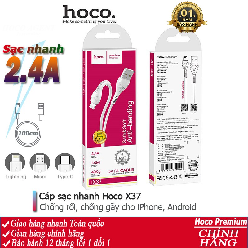 Cáp sạc nhanh Hoco X37 chống rối sạc full dòng iPhone, Android, iPad dây truyền tải dữ liệu dài 1m - Chính hãng