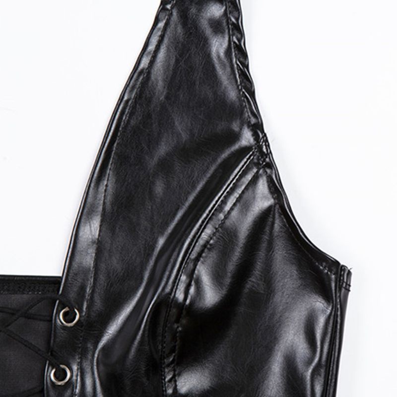 Áo croptop giả da không tay hở lưng cột dây phong cách punk cho nữ