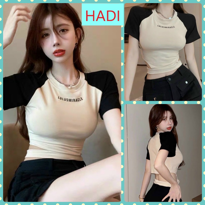 ÁO CROPTOP KIỂU LỬNG NỮ IN CHỮ LULU NGẮN TAY PHỐI MÀU KHOÉT LAI RỜI MÀU KEM CỰC MÁT MẺ HOT HIT THỜI TRANG HADI