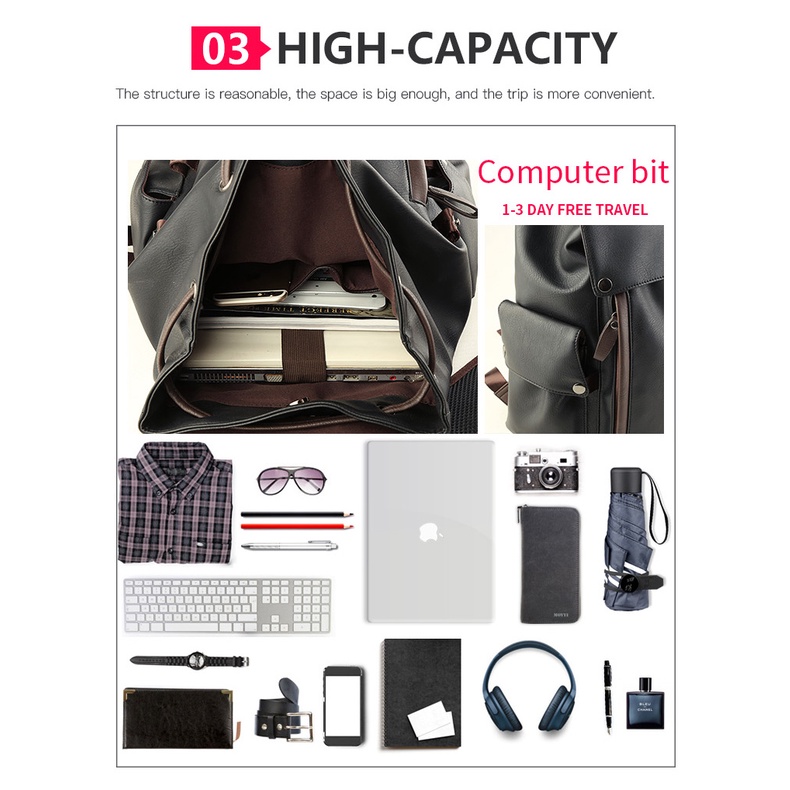 Ba lô da PU chất lượng cao cho nam không thấm nước công suất lớn 15,6 inch máy tính xách tay ba lô laptop backpack