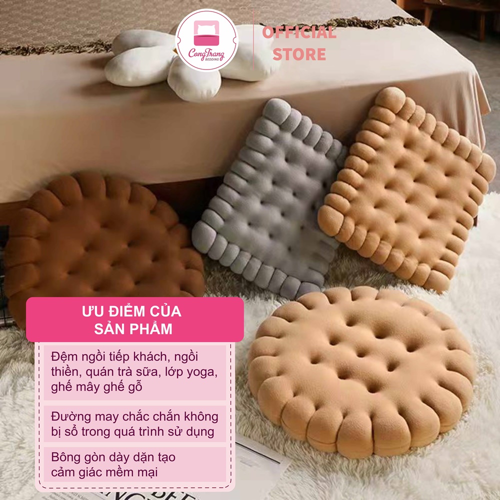 Đệm Ngồi Bệt HOMIES Hình Bánh Quy Vải Nhung Mềm Mại Êm Ái - Kích Thước 45cm x 40cm