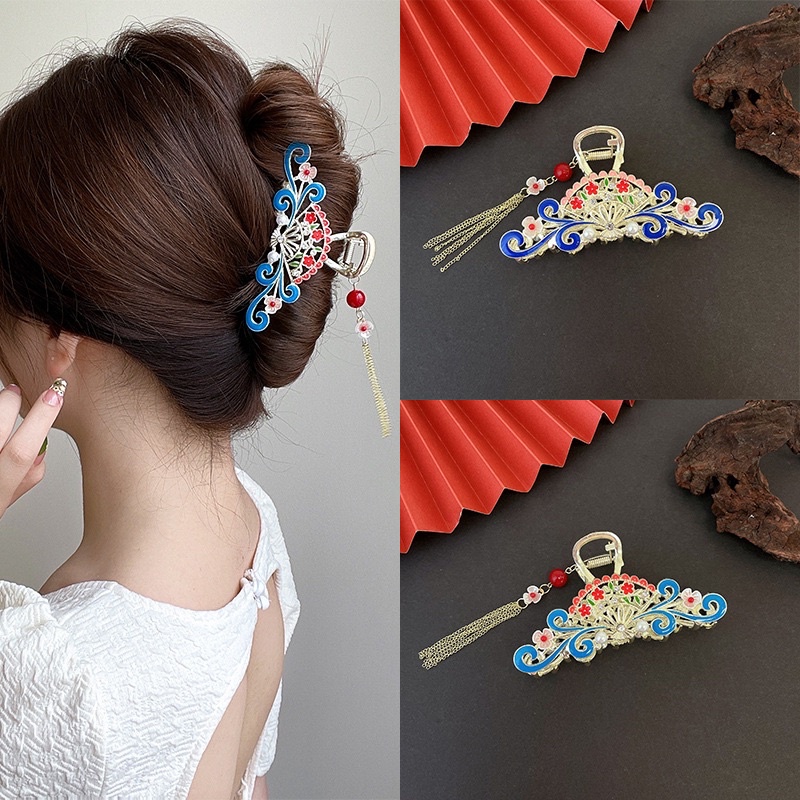 Kẹp tóc tua rua đính ngọc phong cách cổ trang Trung Quốc kẹp tóc cỡ lớn sau đầu retro