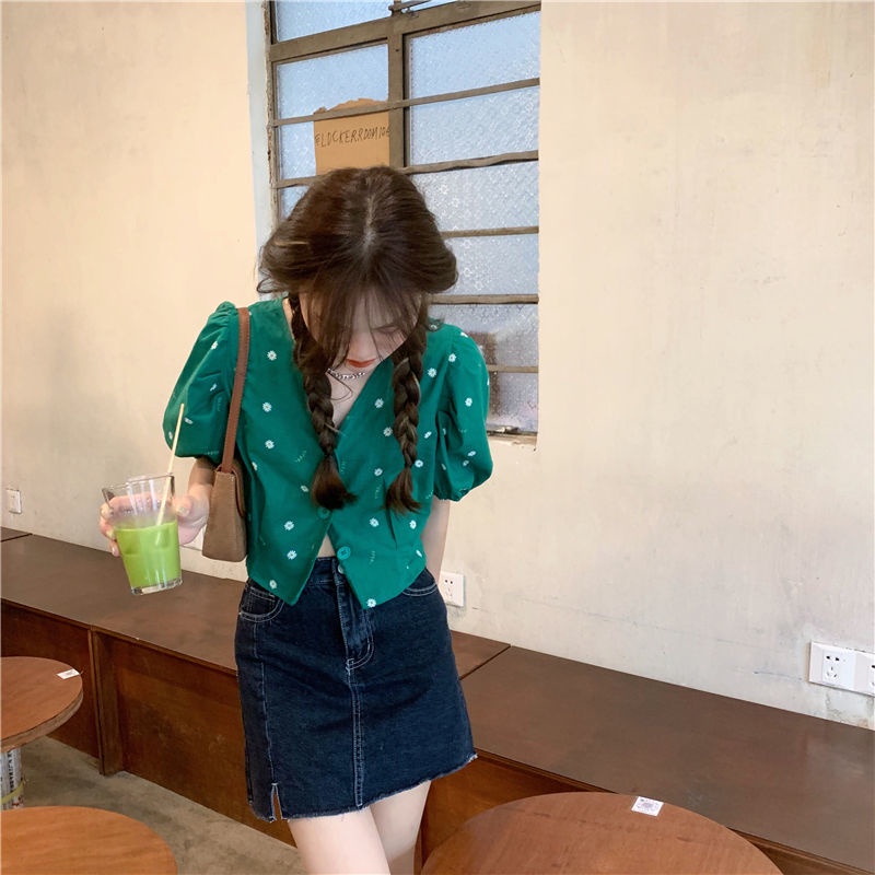 Áo kiểu IELGY cổ chữ V tay ngắn in họa tiết hoa cúc phong cách Hàn Quốc cổ điển thời trang cho nữ