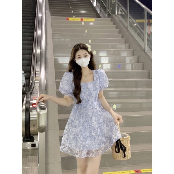 Đầm váy hoa voan tay phồng cao cấp hàng Quảng Châu