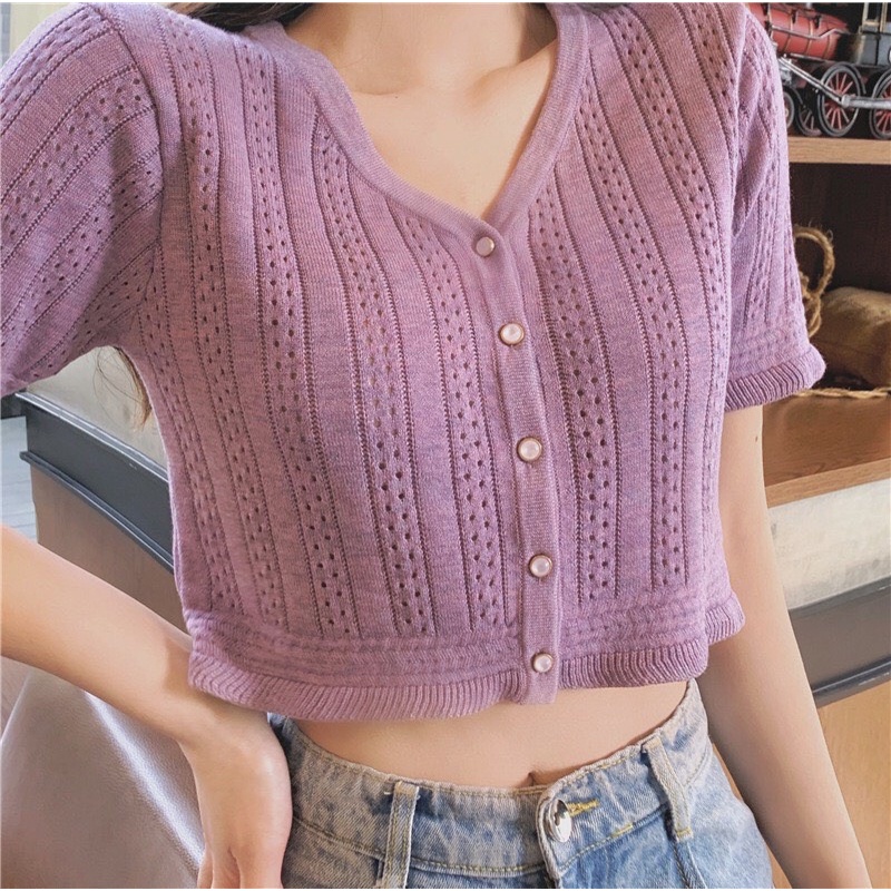 Áo len cộc tay nữ Quảng Châu dáng croptop phối cúc ngọc,giúp chị em tự tin khoe eo thon dáng ngọc,hàng L1 | BigBuy360 - bigbuy360.vn