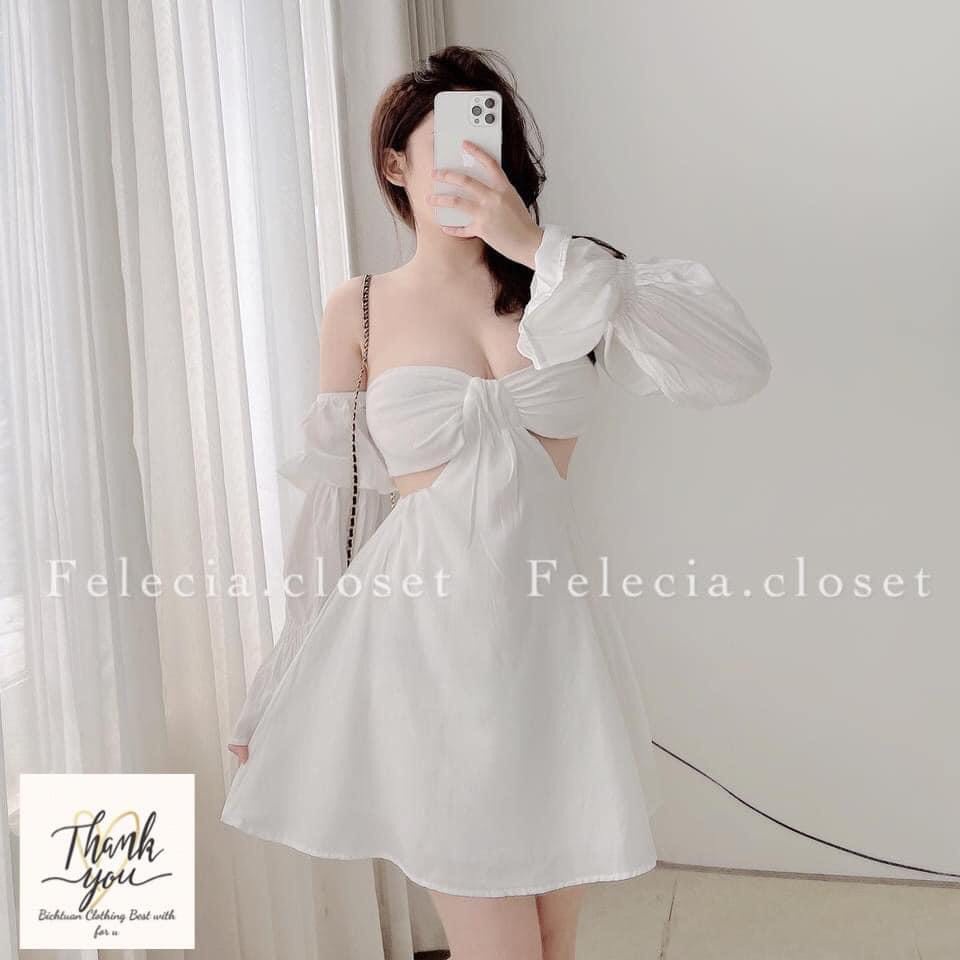 Váy đầm dáng xòe thiết kế trễ vai, tay dài bồng phối hở eo hững hờ, quyến rũ, chuẩn hàng MPB