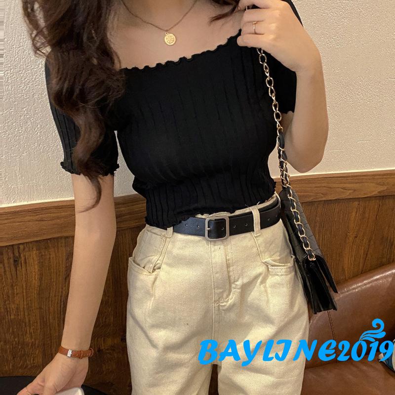 Áo dệt kim tay ngắn trễ vai màu sắc đơn giản thời trang dành cho nữ