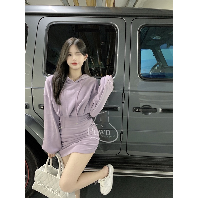 Váy Hodies mũ tai mèo, bó eo rút 2 bên màu tím dễ thương năng động Puwn Shop