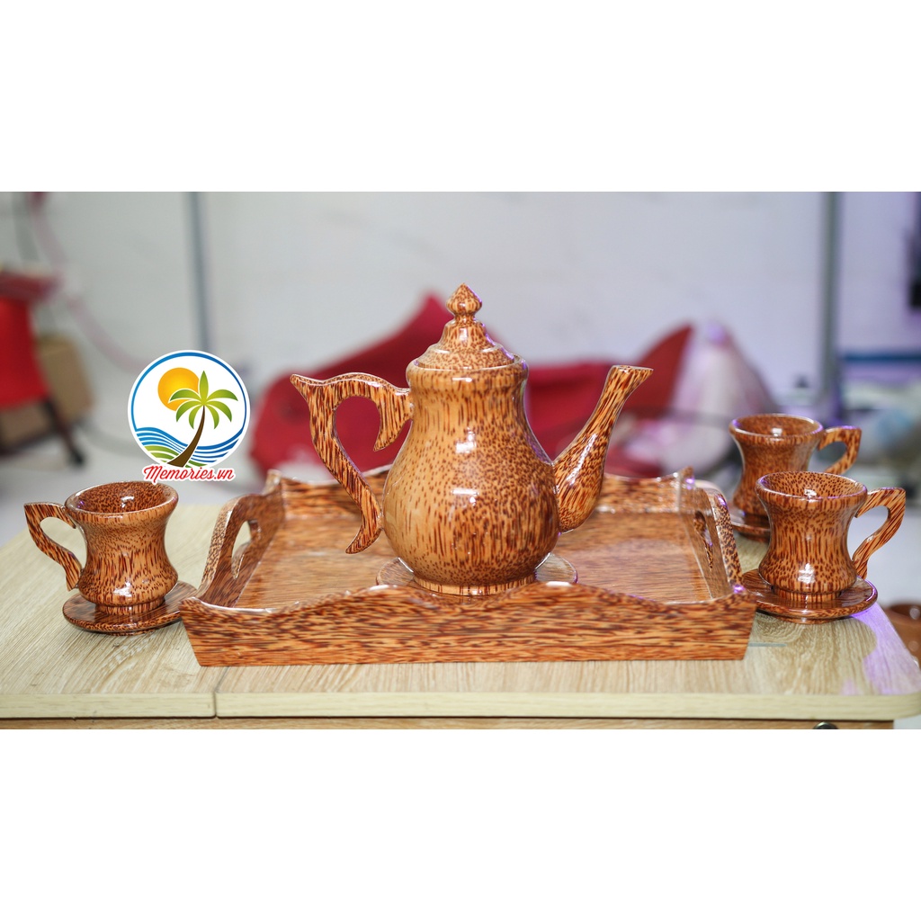 Bộ Bình Trà Bằng Gỗ Dừa Hình Chiếc Lá - Gồm 1 ấm trà, 1 đĩa chiếc lá, 6 ly tách - Quà tặng trang trí lễ Tết Memories.vn