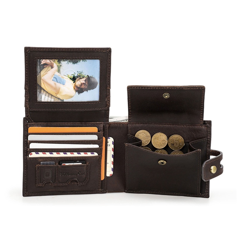 Youyo Ví Ngắn Gập Đôi Bằng Da Bò Có Khóa Nút Cài RFID Vintage Chống Trộm Cho Nam