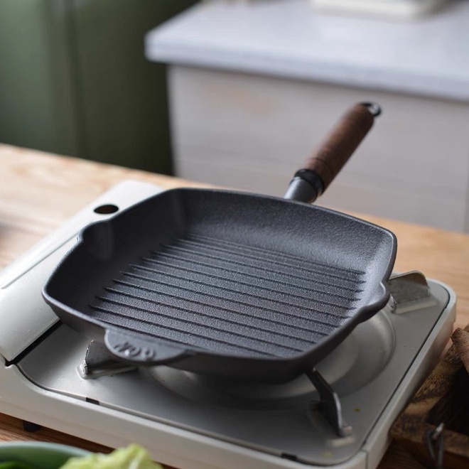 Chảo nướng chống dính beefsteak size 22cm, chảo gang đúc nguyên khối dùng bếp từ, chảo gang nướng thịt LIINKITCHEN