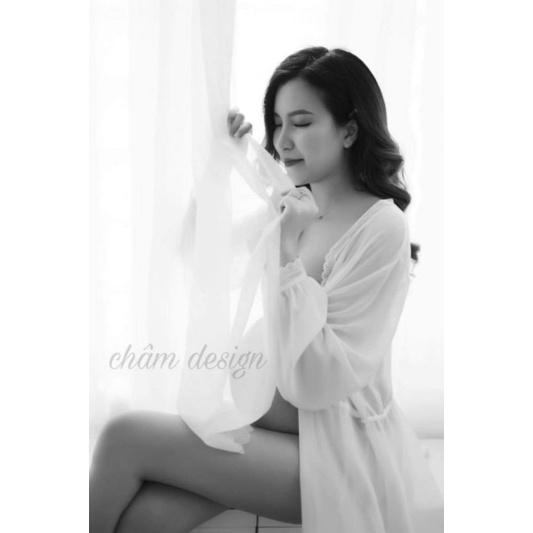 áo choàng voan trắng mềm mỏng rút dây eo tay dài sang chảnh, hàng thiết kế độc quyền tại shop