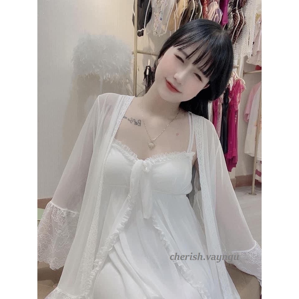 (M.51) Set áo choàng và váy ngủ sexy có mút ngực cao cấp Đầm mặc nhà gợi cảm quyến rũ