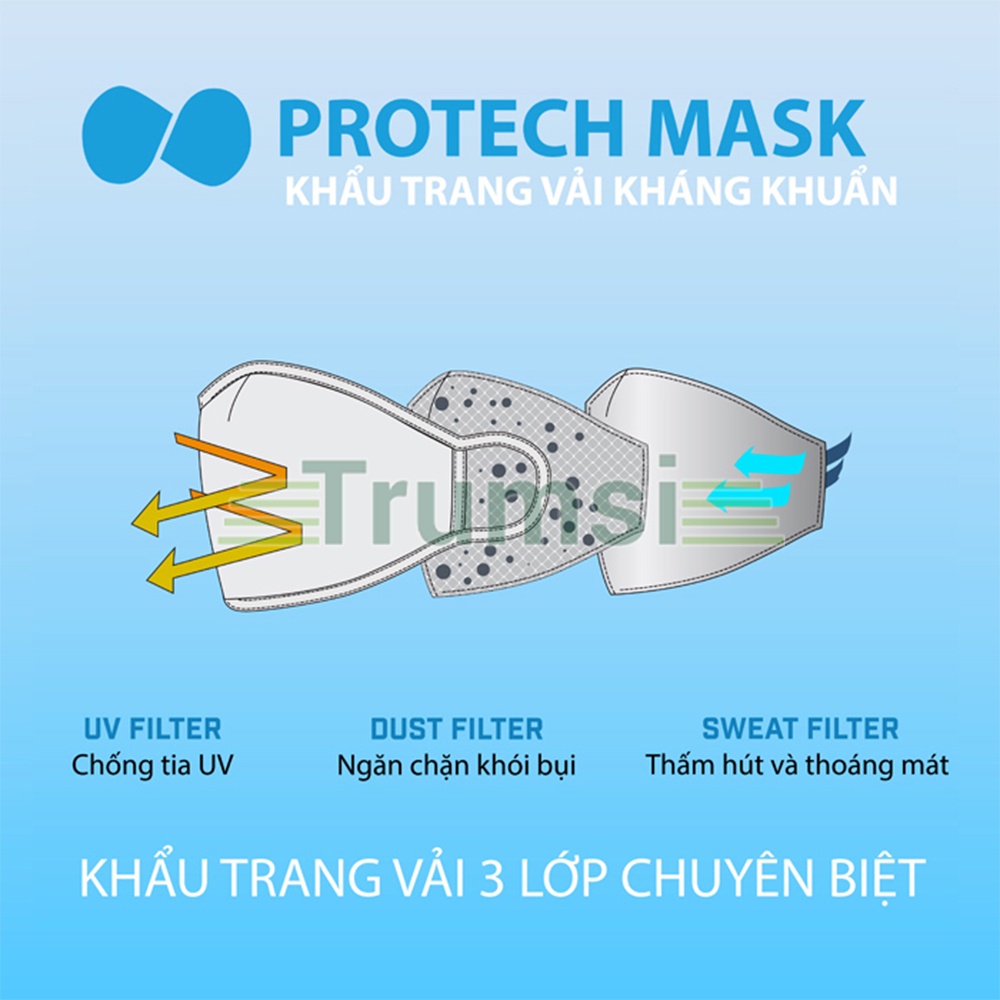 Khẩu Trang Vải Kháng Khuẩn 3 Lớp Cao Cấp Protech Mask Màu Đen Ngăn Chặn Khói Bụi Và Tia UV Thấm Hút Thoáng Mát Gói 1 Cái