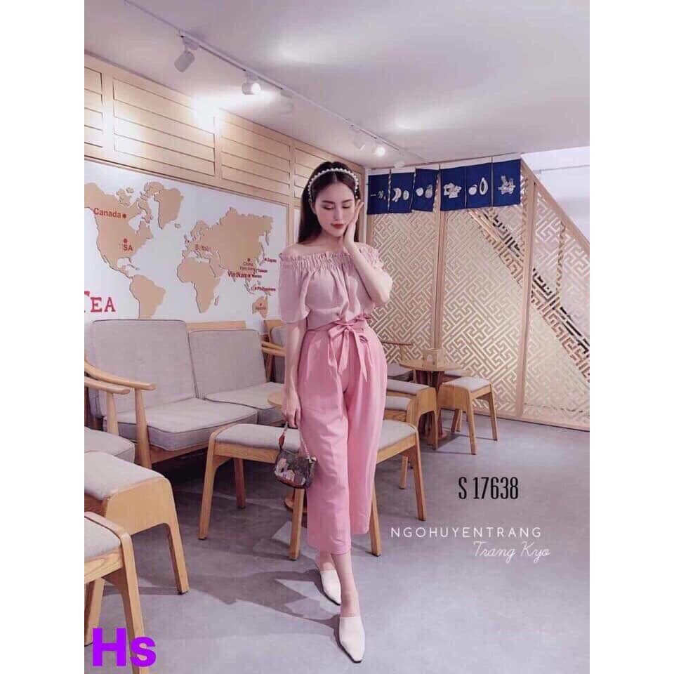 Sét bộ trễ vai hồng áo trễ vai quần ống xuông kèm dây lưng chất liệu lụa mềm - HÀNG XỊN - SHOPQV