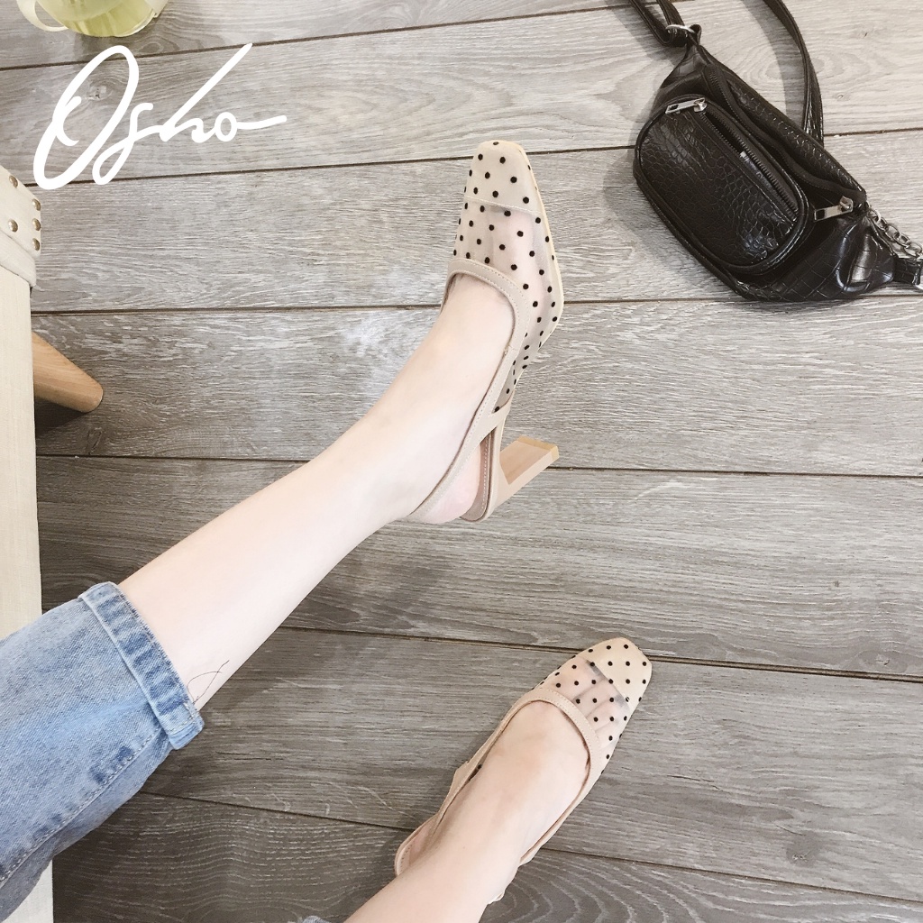 Giày Cao Gót Nữ Thời Trang OSHO Dáng Sandal Slingback, Mũi Tròn Gót Vuông, Họa Tiết Chấm Bi 2217-17