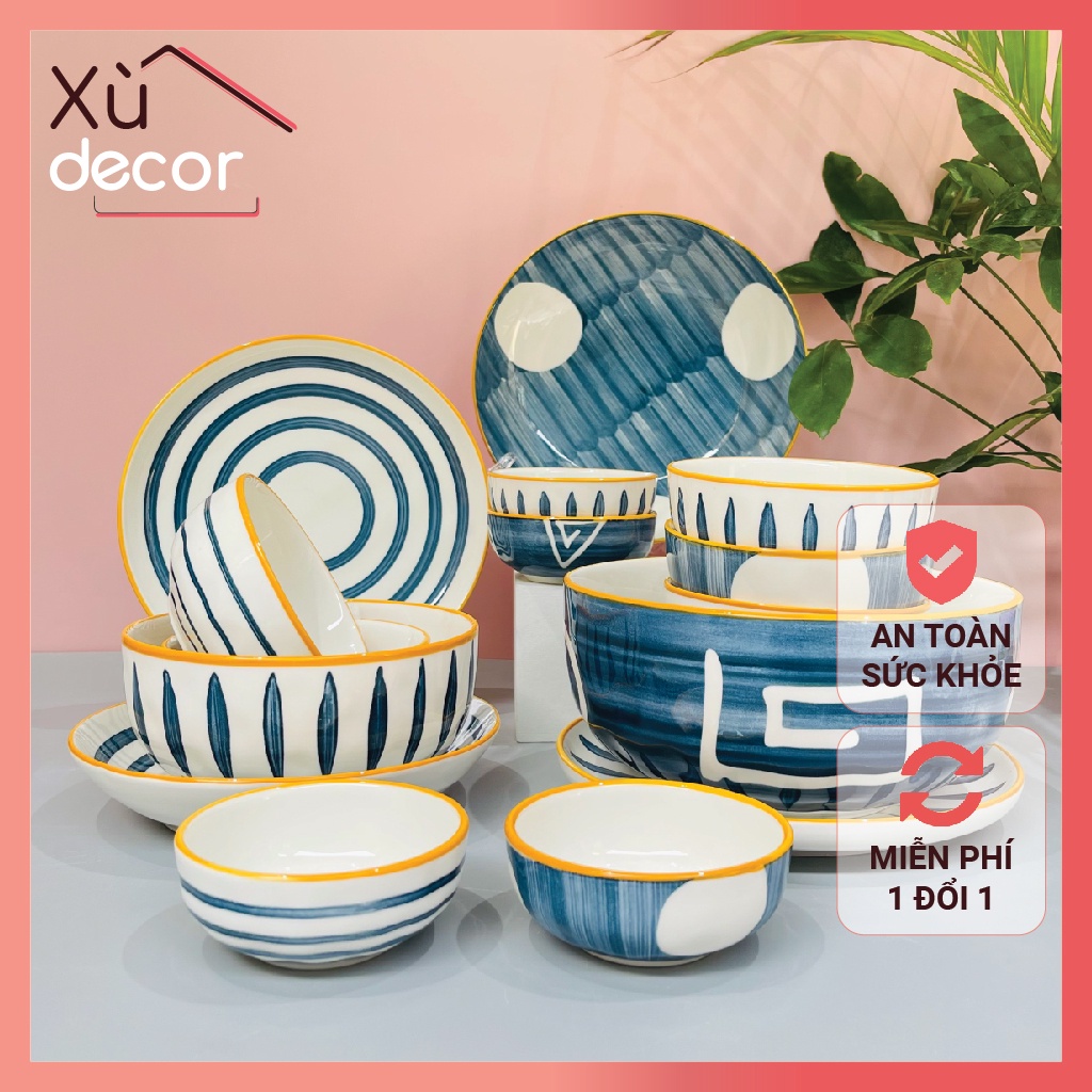 Bộ bát đĩa sứ phong cách Nhật bản, men sứ sáng bóng cao cấp, hoa văn đa dạng, dùng được với lò vi sóng