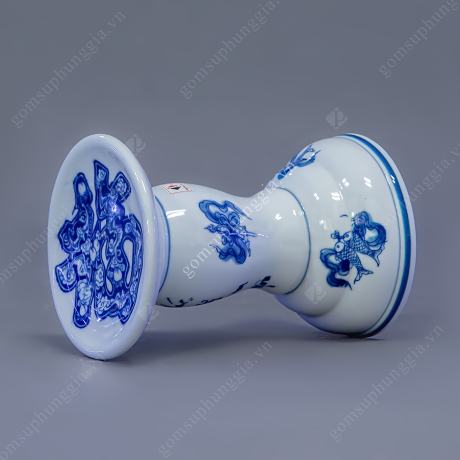 Chân đế nến hoạ tiết Ngũ Phúc nhiều kích cỡ men Lam Trắng Trơn, đồ thờ cúng Phùng Gia - Gốm sứ Bát Tràng cao cấp