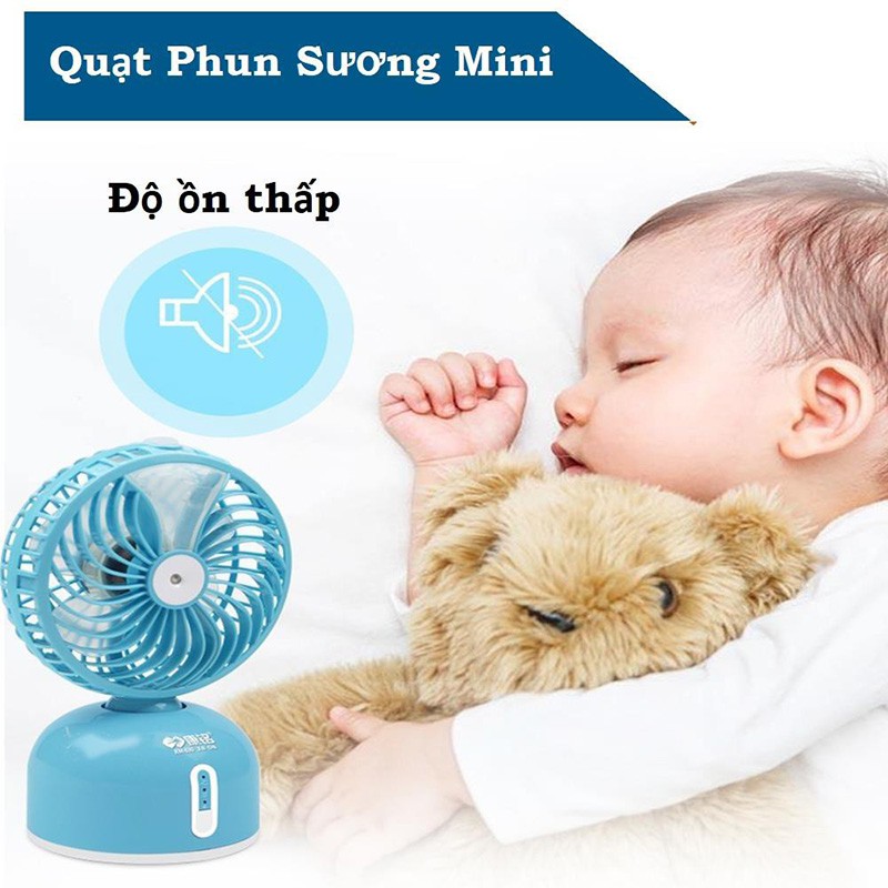 (Video sp) Quạt Phun Sương Mini Để Bàn Cổng USB Pin Sạc Dùng 4-5 Tiếng Xoay 30 Độ Hai Màu Xanh Hồng - BH 6 Tháng