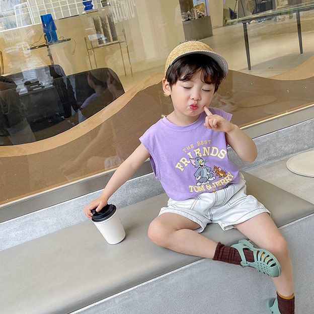 [Babycat] Hàng Có Sẵn Áo Thun Sát Nách Dáng Rộng Mỏng Phong Cách Hàn Quốc Nhật Bản Mùa Hè In Hình Mèo Chuột Phong Cách Phương Tây Cho Bé Trai Mặc Ngoài Trời