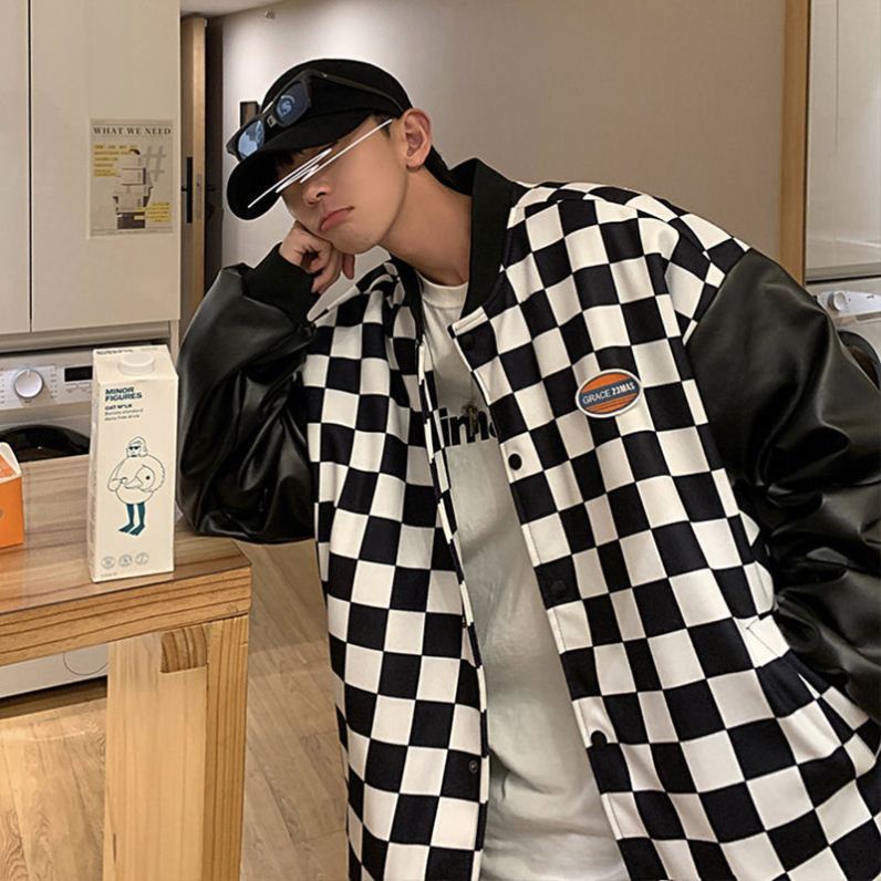 Áo khoác bomber làm từ da họa tiết ca rô thời trang cá tính trẻ trung cho nam và nữ