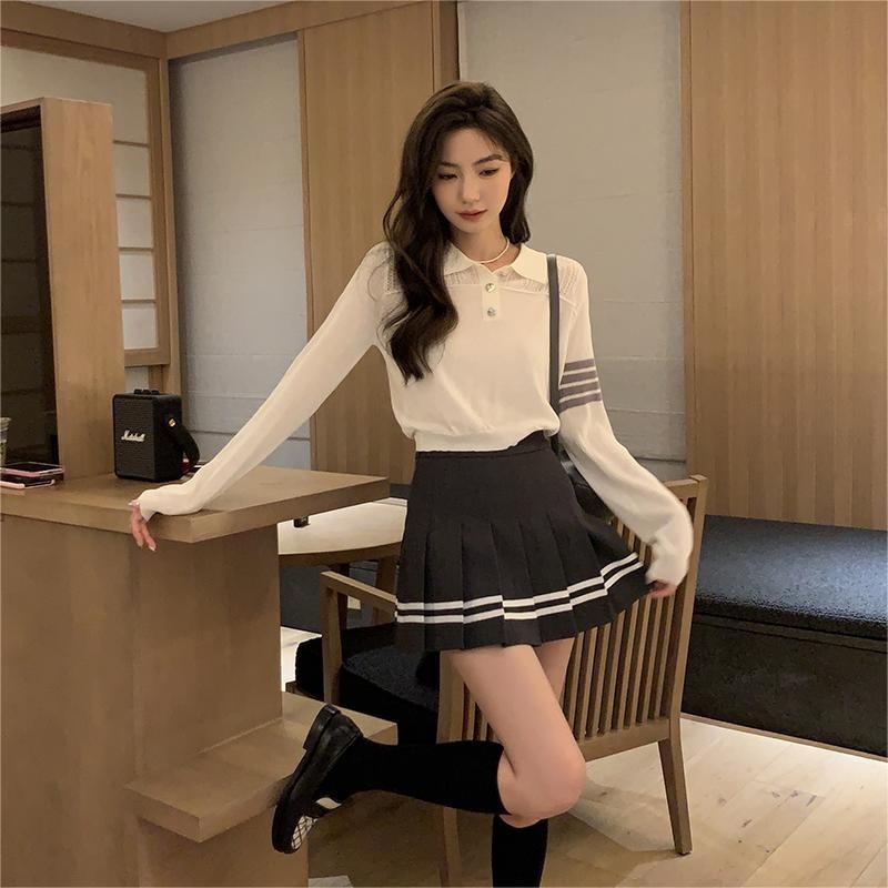 Áo len ZHELIHANGFEI polo tay dài form rộng theo phong cách đến trường dễ phối đồ