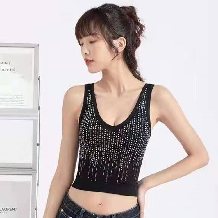 Áo Tank Top Cổ Chữ V Không Tay Cắt Thấp Đính Đá Quyến Rũ Cho Nữ