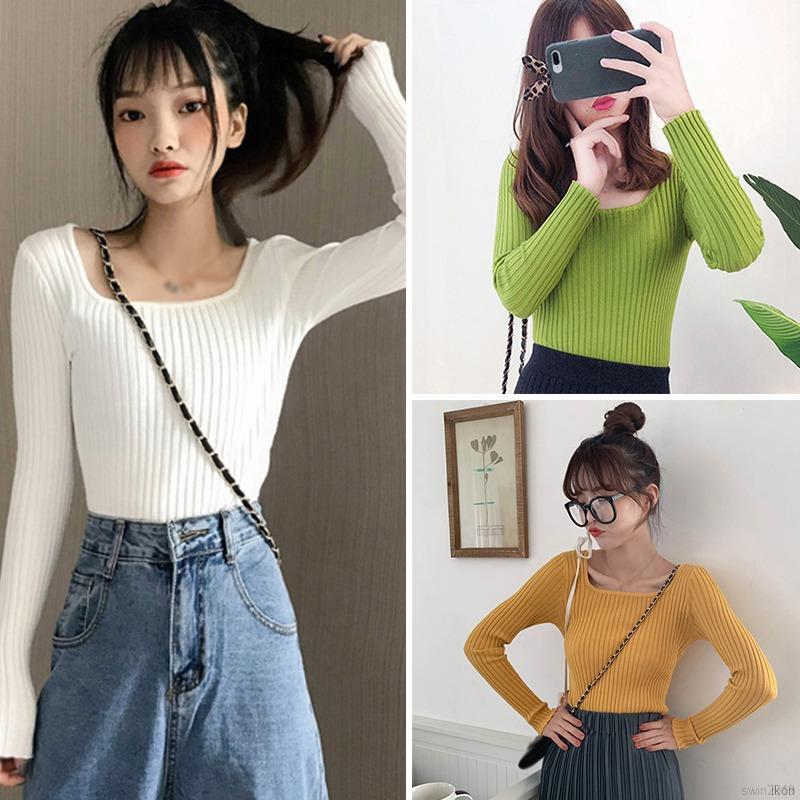 Áo dệt kim tay dài cổ vuông màu trơn kiểu dáng thời trang phong cách Hàn Quốc