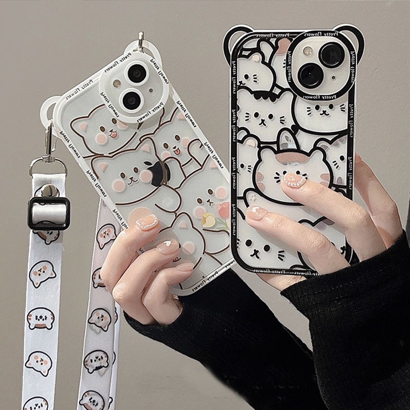 Ốp Điện Thoại TPU Mềm Hình Tai Gấu Dễ Thương Có Dây Đeo Chéo Cho iPhone 13 11 12 Pro Max XS X 8 7 Plus