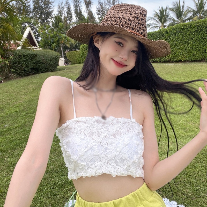 Áo Lửng Hai Dây Phối Ren Hoa 3D Gợi Cảm Cho Nữ