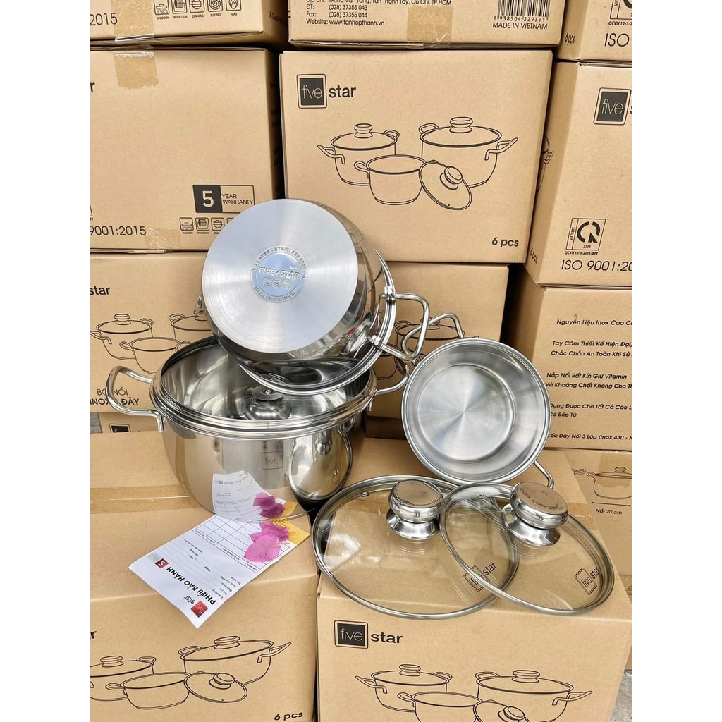 Bộ nồi inox 430 Fivestar Standard 3 đáy bếp từ nắp kính thân cool HÀNG CHÍNH HÃNG BẢO HÀNH 5 NĂM