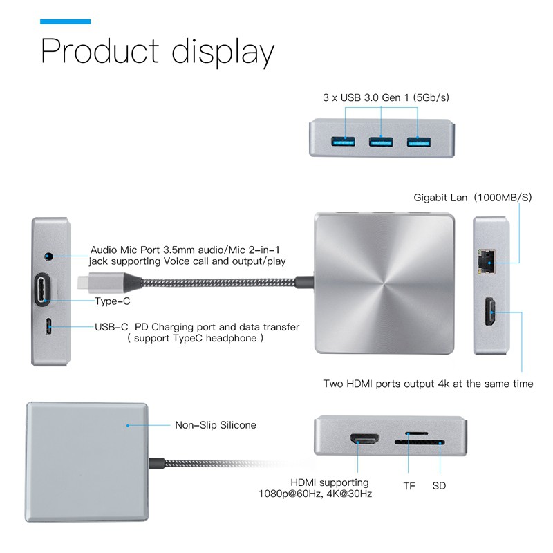 Thiết Bị Đọc Thẻ Nhớ Usb C 4k Hd Mi Vga Rj45 Ethernet 3x Usb3.0 Port 100w Pd Sd Tf