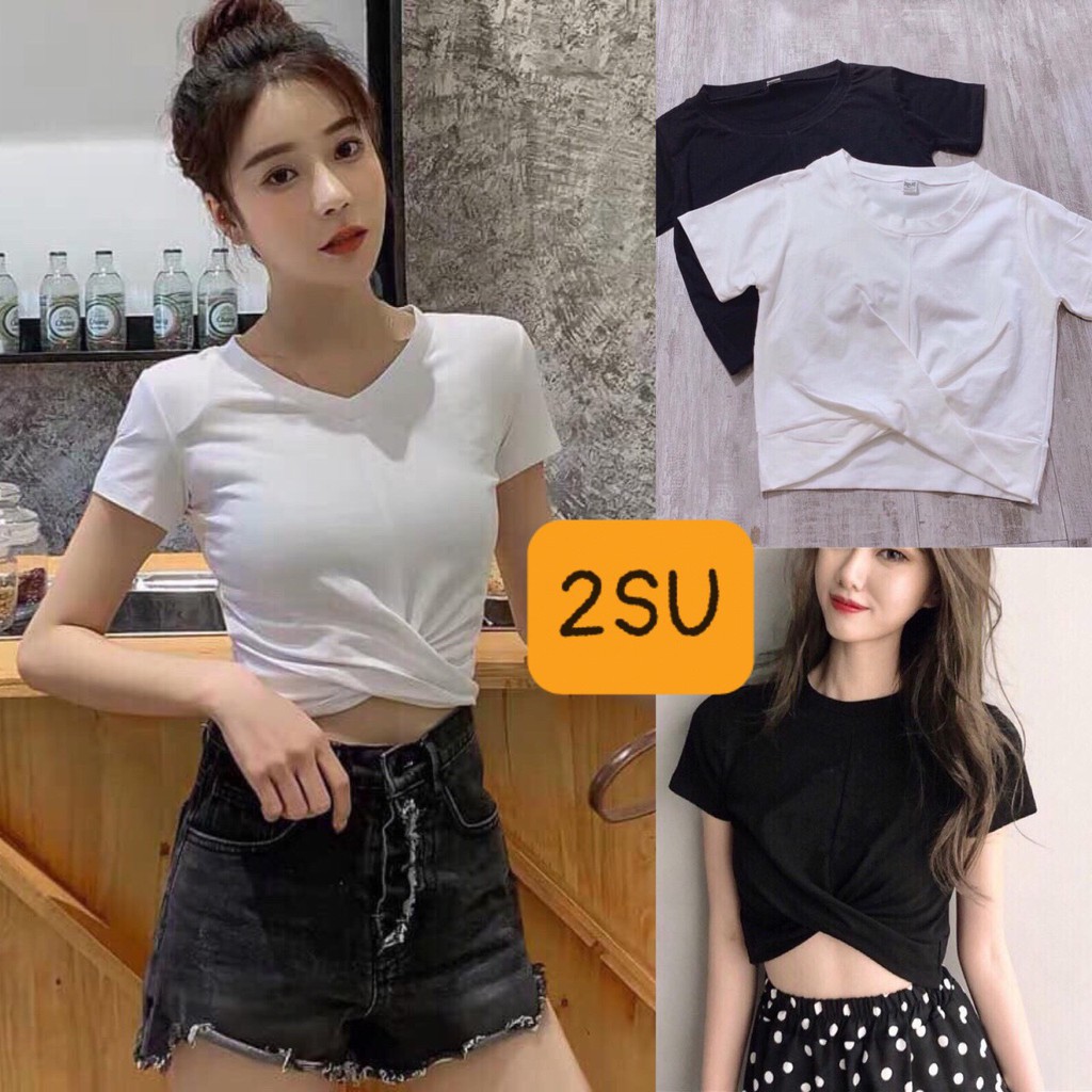 Áo croptop tay ngắn xoắn eo cotton co giãn tôn dáng | BigBuy360 - bigbuy360.vn