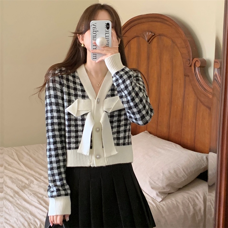Áo Khoác Cardigan Dệt Kim Tay Dài Kẻ Sọc Đính Nơ Thời Trang Mùa Thu Cho Nữ