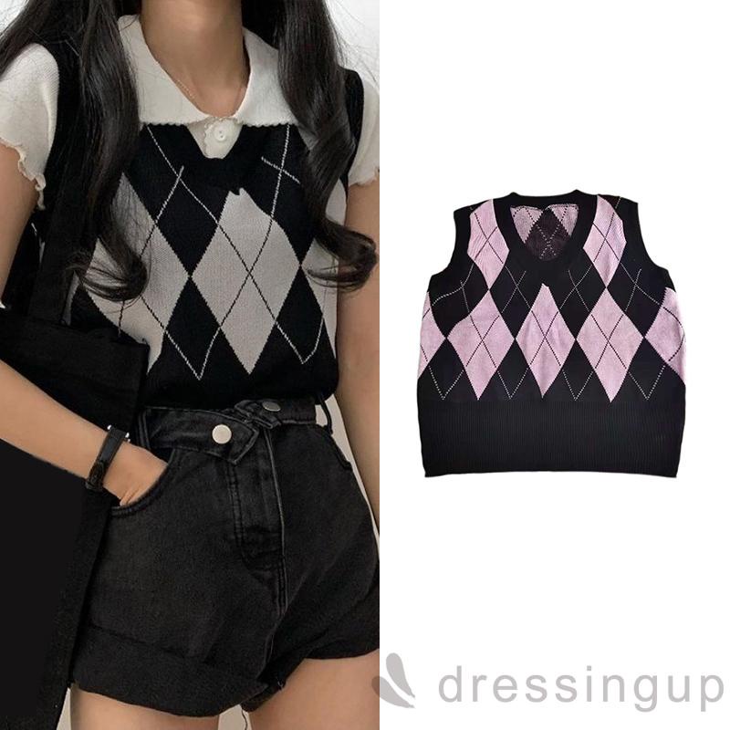 Áo Dệt Kim Nữ Không Tay Cổ Chữ V Màu Hồng / Xám