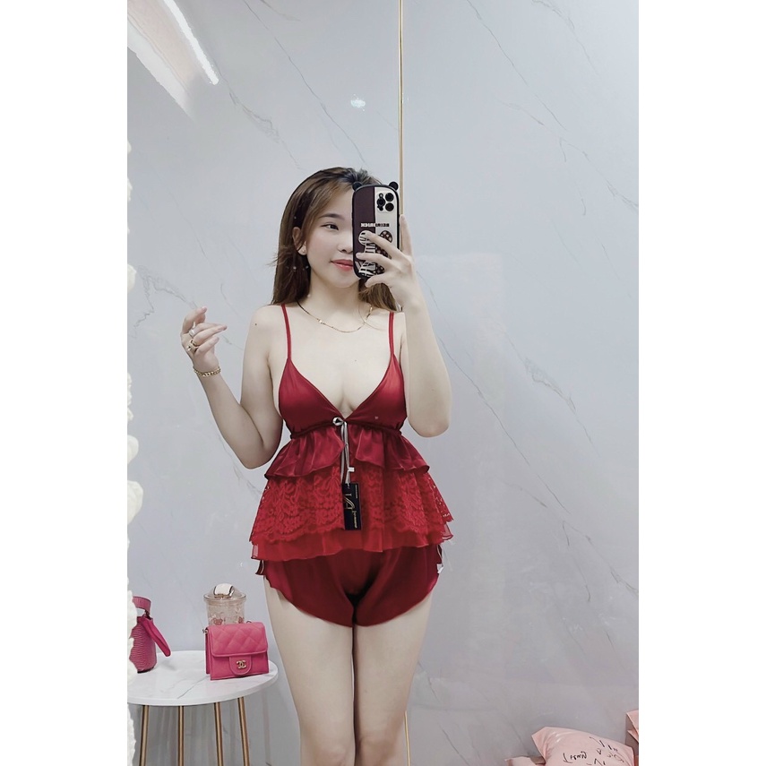 Đồ ngủ nữ sexy phối ren bộ lụa mặc nhà 2 dây quần đùi gợi cảm.