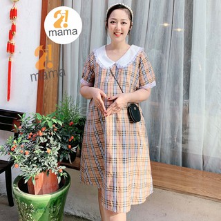 Váy bầu thiết kế 2MAMA dáng suông chất liệu đủi trơn caro cổ pha ren V54