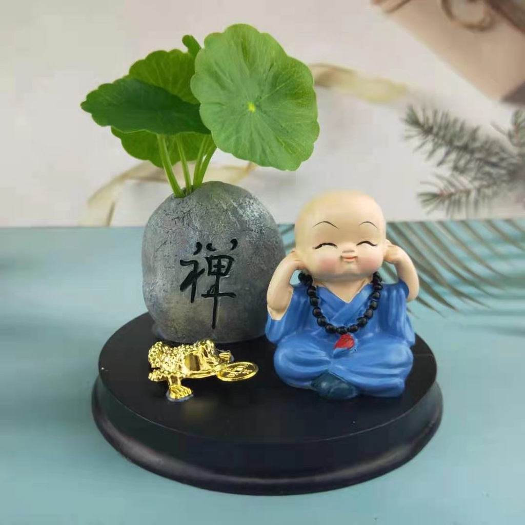 Bộ tượng chú tiểu tứ không trang trí xe ô tô kèm chậu cây và đế gốm mang lại may mắn, an nhiên tự tại