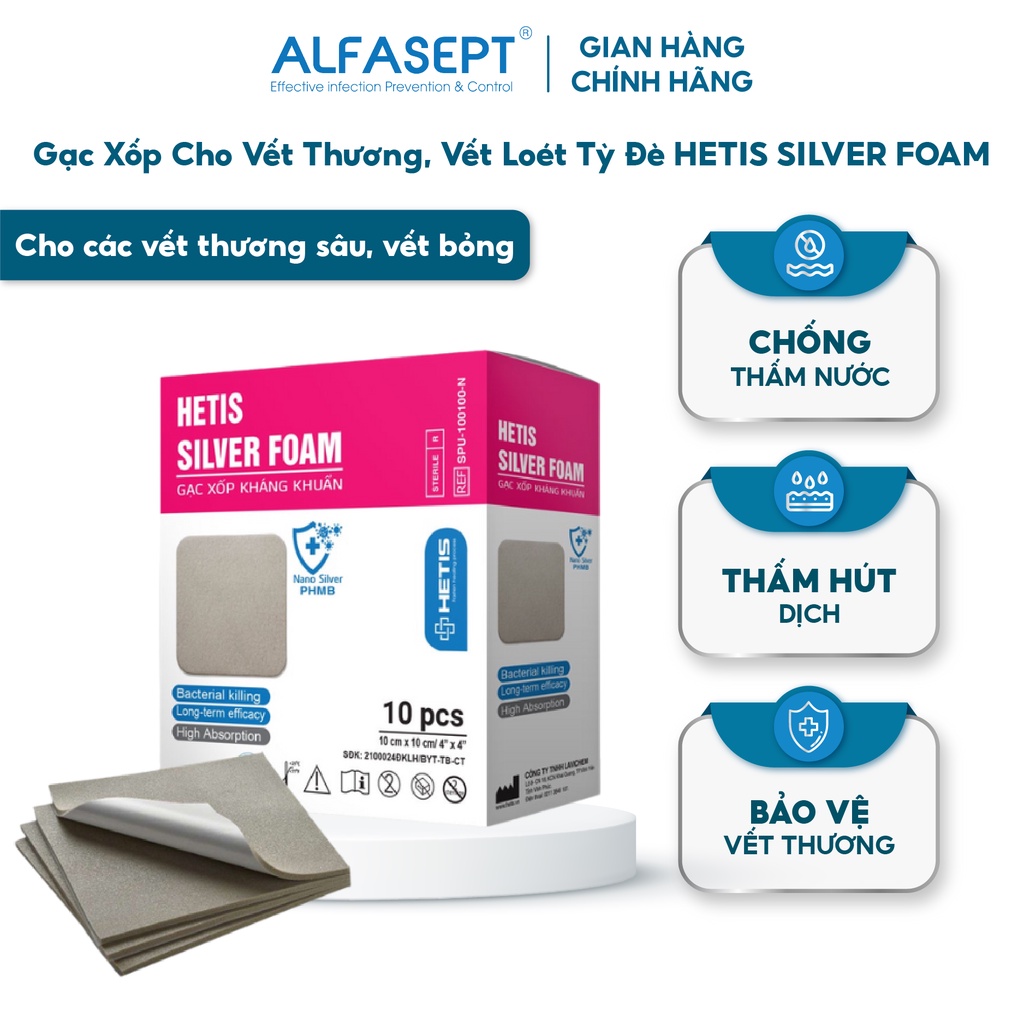 Gạc Xốp Cho Vết Thương, Vết Loét Tỳ Đè HETIS SILVER FOAM Thấm Hút, Giữ Dịch, Kháng Khuẩn Tốt